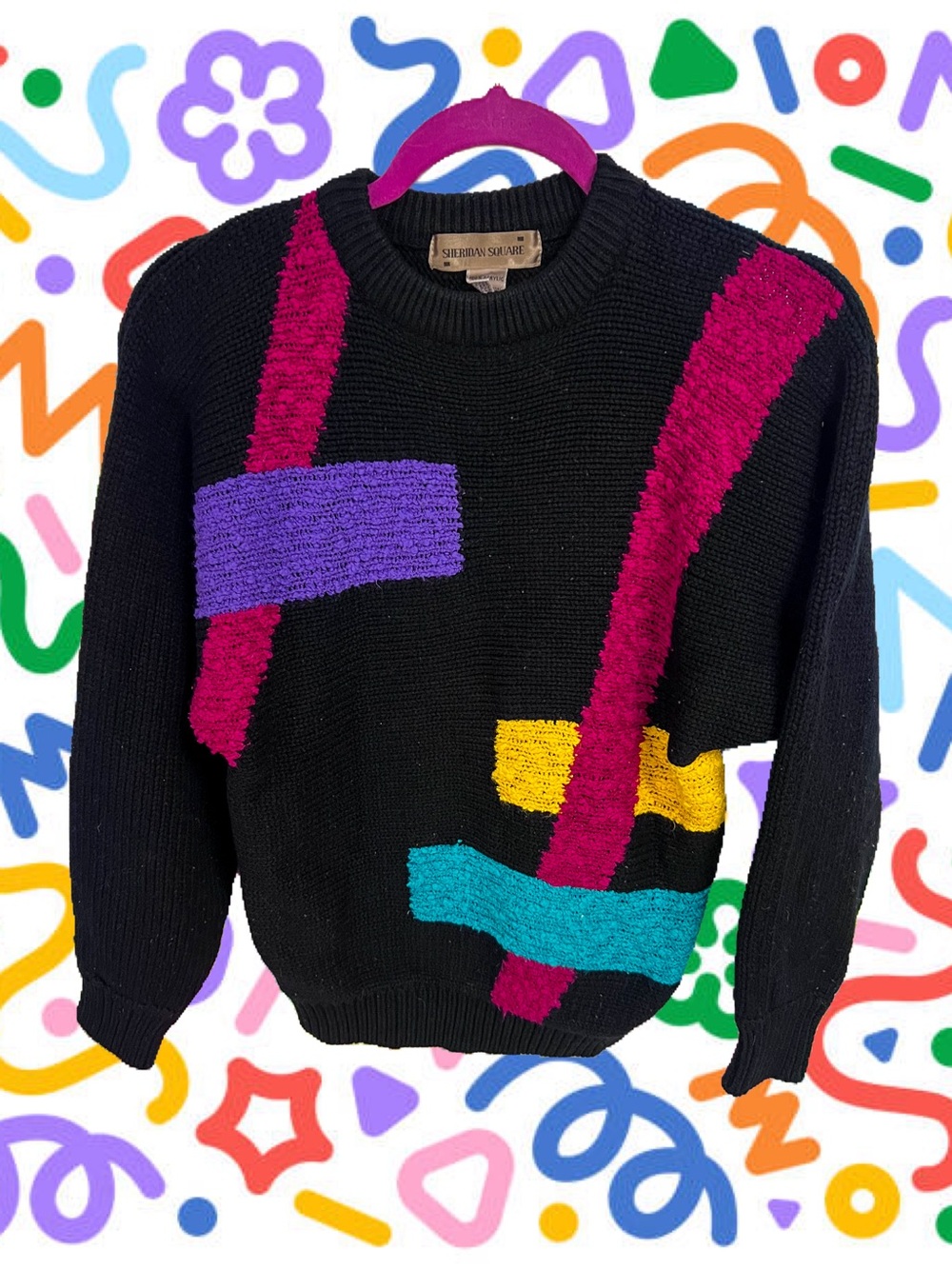 Vtg Sheridan Square funky 80s black knit sweater